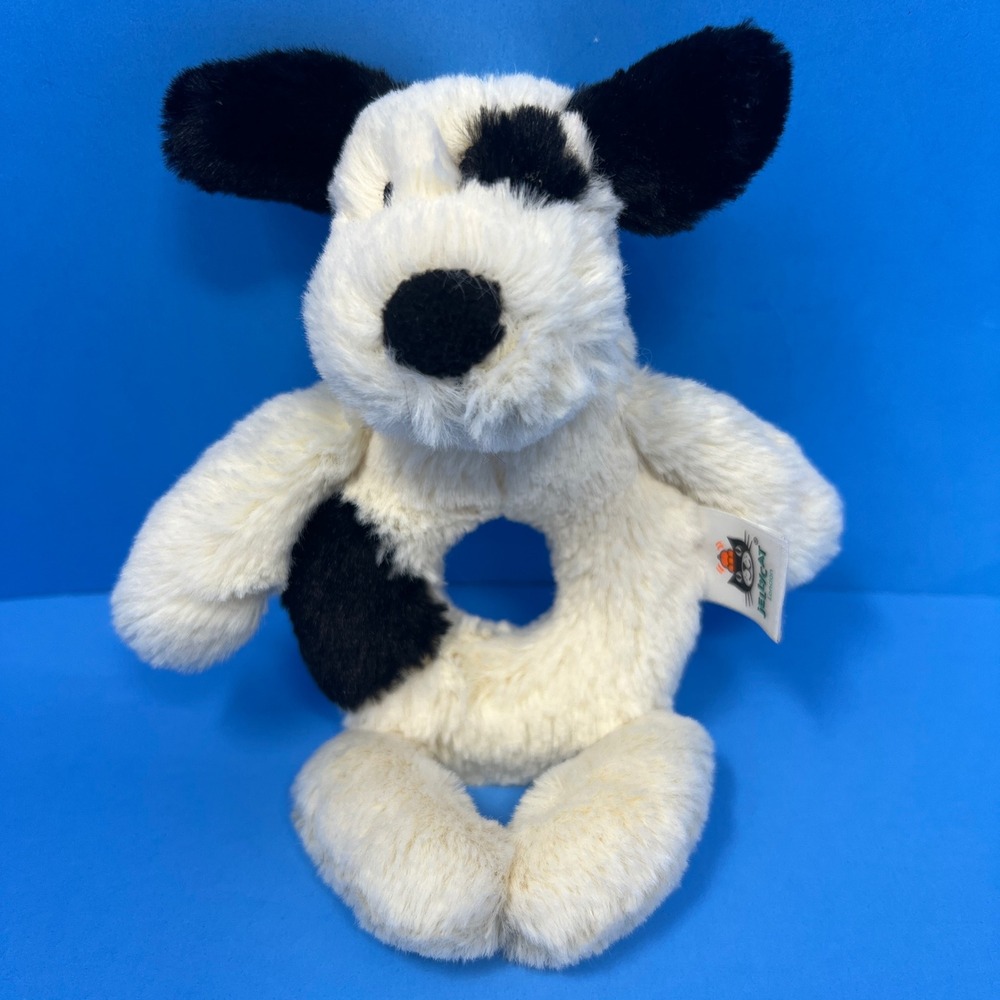 Jellycat Bashful Puppy Dog Rattle Small Cream Black Spotted Plush Toy